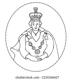 Queen in oval frame. Hand drawn line art illustration. Vector