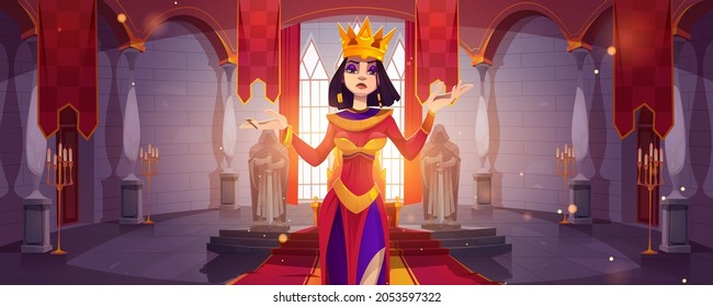 Queen In Palace, Medieval Throne Room Interior, Royal Family Cartoon Character, Monarchy Person In Gold Crown And Luxury Dress, Fairytale Female Personage. Kingdom Computer Game, Vector Illustration