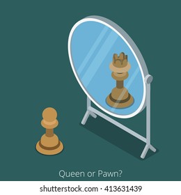 Queen or Pawn concept. Pawn chess figure look into mirror see queen. Flat 3d isometry isometric style web site app icon set concept vector illustration. Creative people collection.