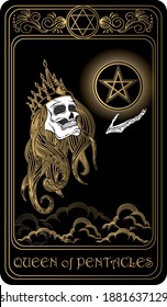 Queen of Pentacles. Card of Minor arcana black and gold tarot cards. Tarot deck. Vector hand drawn illustration with skull, occult, mystical and esoteric symbols.