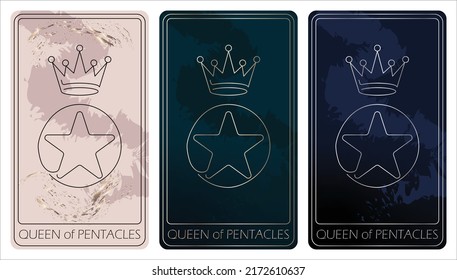 Queen of Pentacles. A card of Minor arcana one line drawing tarot cards. Vector linear hand drawn illustration with occult, mystical and esoteric symbols. 3 colors. Proposional to 2,75x4,75 in.