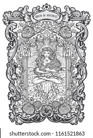 Queen of pentacles. Minor Arcana tarot card. The Magic Gate deck. Fantasy engraved vector illustration with occult mysterious symbols and esoteric concept