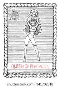 Queen of pentacles. The minor arcana tarot card, vintage hand drawn engraved illustration with mystic symbols. Beautiful woman or girl wearing swimsuit with ball