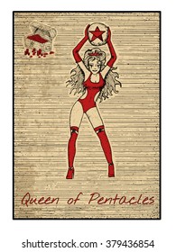 Queen of pentacles. The minor arcana tarot card, vintage hand drawn engraved illustration with mystic symbols. Beautiful woman or girl wearing swimsuit with ball