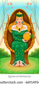 Queen of pentacles, tarot card. Vector illustration