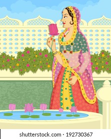 Queen picking lotus from pond in Indian art style