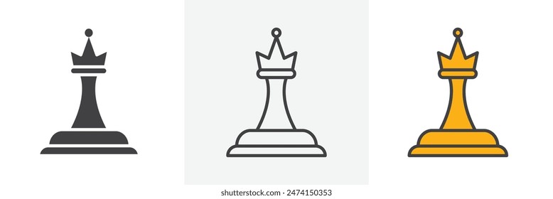 Queen Piece in Chess Strategy Icon Set. Royal Game Vector Illustration.