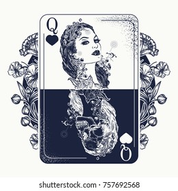 Queen playing card and art nouveau flowers tattoo and t-shirt design. Beautiful girl skeleton. Symbol of gamblings.