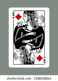 Queen playing card of Diamonds suit in vintage engraving drawing style. Vector illustration