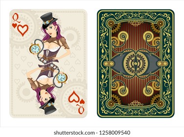 queen playing card heart sign symbol game isolated girl lady steampunk style character