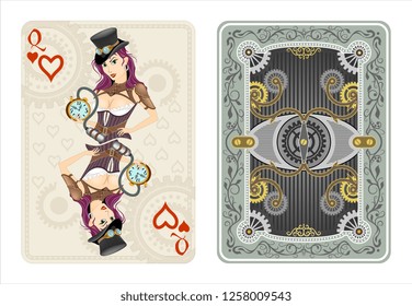 queen playing card heart sign symbol game isolated girl lady steampunk style character