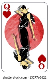 Queen. Playing card with a heart sign. Game queen symbol. Isolated card with a fashionable girl