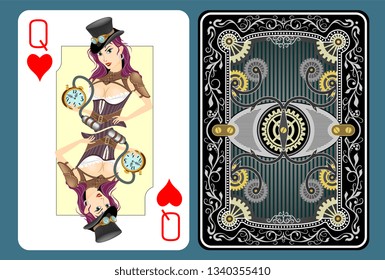 queen playing card heart sign symbol game isolated girl lady steampunk style character