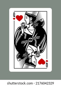 Queen Playing Card Of Hearts Suit In Vintage Engraving Drawing Stile. Vector Illustration