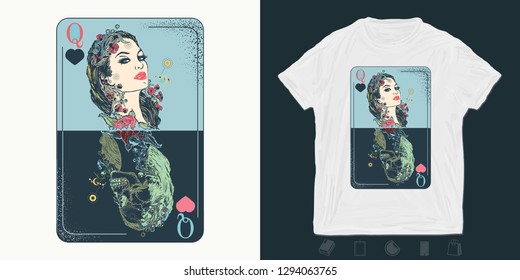 Queen playing card. Print for t-shirts and another, trendy apparel design. Gothic symbol of gamblings, tarot cards, success and defeat, casino, poker 