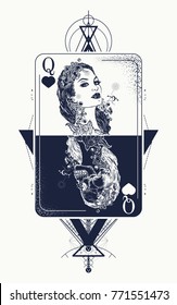 Queen playing card sacred geometry tattoo and t-shirt design. Tarot cards, success and defeat, casino, poker. Beautiful girl and queen skeleton. Symbol of gambling 