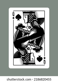 Queen playing card of Spades suit in vintage engraving drawing style. Vector illustration