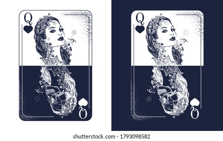 Queen playing card tattoo and t-shirt design. Gothic symbol of gamblings, tarot cards, success and defeat, casino, poker. Black and white vector graphics 