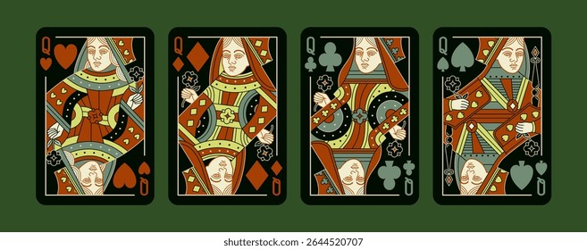 Queen jogando cartas definido em design preto. Linhas de traçado editáveis. Espadas Copas Diamantes e Paus ternos. Ilustração colorida vetorial.