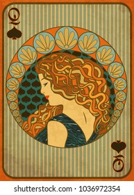 Queen poker spades card in art nouveau style, vector illustration