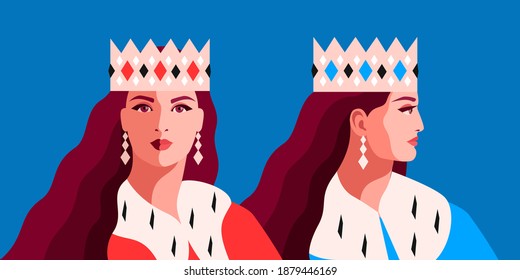 Queen portrait, front and side view. Female character, wearing crown and royal ermine mantle. Flat, isolated, blue background. Vector illustration