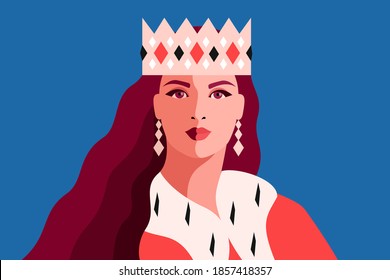 Queen portrait, full face. Female character, wearing crown and royal ermine mantle. Flat, isolated, blue background. Vector illustration