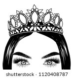 Queen portrait girl with classic long healthy hair.Close up look , cat eye with long eyelashes and full shaped eyebrows, perfect red lips shape.Hand-drawn idea for business visit card 