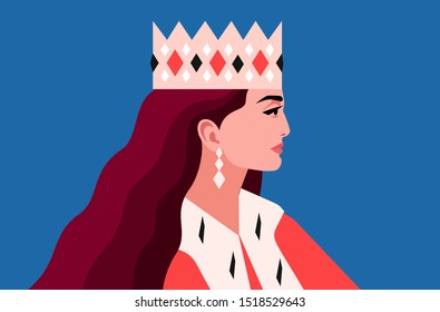 Queen portrait, side view. Female character, wearing crown and royal ermine mantle. Flat, isolated, blue background. Vector illustration