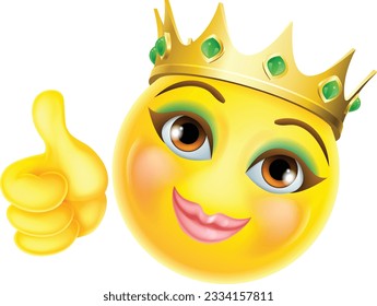 A queen or princess emoticon cartoon face wearing a gold crown giving thumbs up