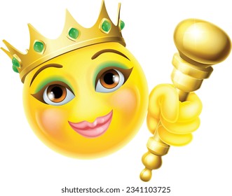 A queen or princess emoticon cartoon face wearing a gold crown, holding a sceptre