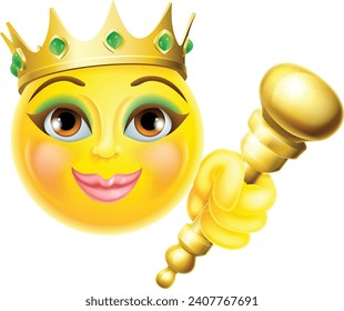 A queen or princess emoticon cartoon face wearing a gold crown, holding a sceptre 