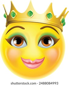 A queen or princess emoticon cartoon face wearing a gold crown