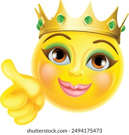 A queen or princess emoticon cartoon face wearing a gold crown giving thumbs up