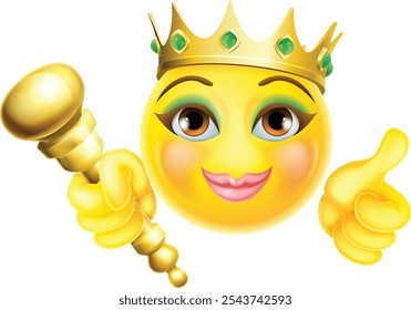 Uma rainha ou princesa emoticon rosto usando uma coroa de ouro, segurando um cetro e dando polegares para cima