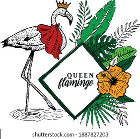 Queen or princess flamingo drawing with a crown, flower and exotic leaves in victorian style