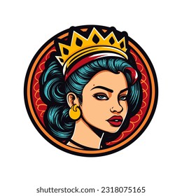 Queen princess girl hand drawn logo design illustration Expressive, vibrant, cultural artwork celebrating the strength and beauty of Chicano heritage. Unique, captivating, and meaningful