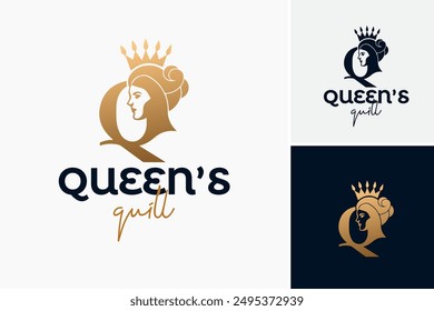 Queen Quill Logo: Majestic letter Q entwined with a quill symbolizes regal authority and literary elegance, ideal for publishing ventures. Layered EPS Vector