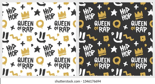 Queen Of Rap Graffiti seamless pattern set Hip Hop style tags crown  star black background  Hand drawn cartoon style hip hop background  Street art pattern