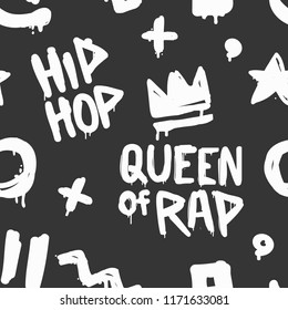 Queen of Rap graffiti style hip hop vector seamless pattern. Hip hop fashion hand drawn endless pattern background for print tee, t-shirt and street wear