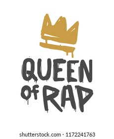 Queen Of Rap Old School Graffiti Style Fashion Illustration Isolated From White Background. Grunge Hip Hop Hand Drawn Vector Design For Print Tee, T-shirt And Street Wear