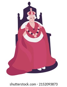 La reina en una bata roja se sienta en la ilustración del vector de color dibujado por la mano del trono.