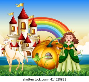 Queen riding on pumpkin carriage illustration