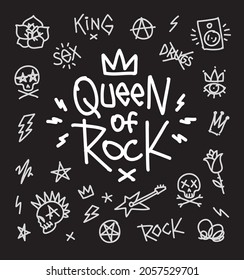 Queen of Rock'n'Roll vector doodle style icons vector set Rock music Creative lettering grunge style. Tattoo and Punk elements fashion print or poster design. Rock n Roll culture print stamp t-shirt