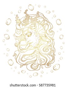 Queen of the seas and oceans.Mystic girl.Fantasy, spirituality, mythology, tattoo art, coloring books. Isolated vector illustration. Print for textiles and printing. Hand drawn artwork of mermaid. 