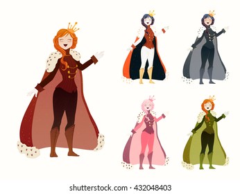 Queen Set. Cute collection of beautiful princesses in different dresses, royal cloaks, crowns, in trouser suits. Hand drawn decorative elements, vector illustration.