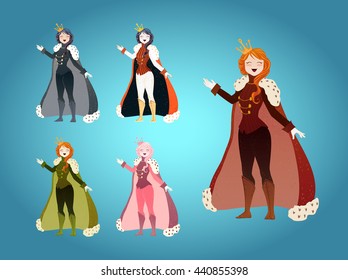 Queen Set. Cute collection of beautiful princesses in different dresses, royal cloaks, crowns, in trouser suits. Hand drawn decorative elements, vector illustration.