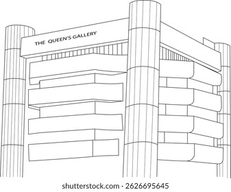 Queen Sirikit Gallery Bangkok Line Art, Ilustração da arquitetura exterior do edifício da Queen Sirikit Gallery em Bangkok, Tailândia.