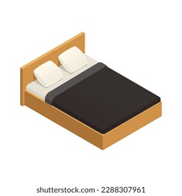 Queen size hotel bed isometric icon 3d vector illustration