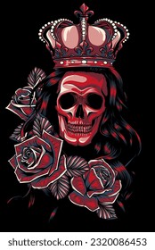 The queen skull with crown and roses flower on black background