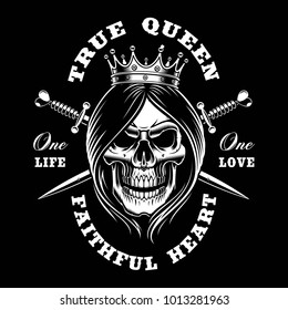 Queen skull, vector illustration. Shirt design on dark background. Text is on the separate group.